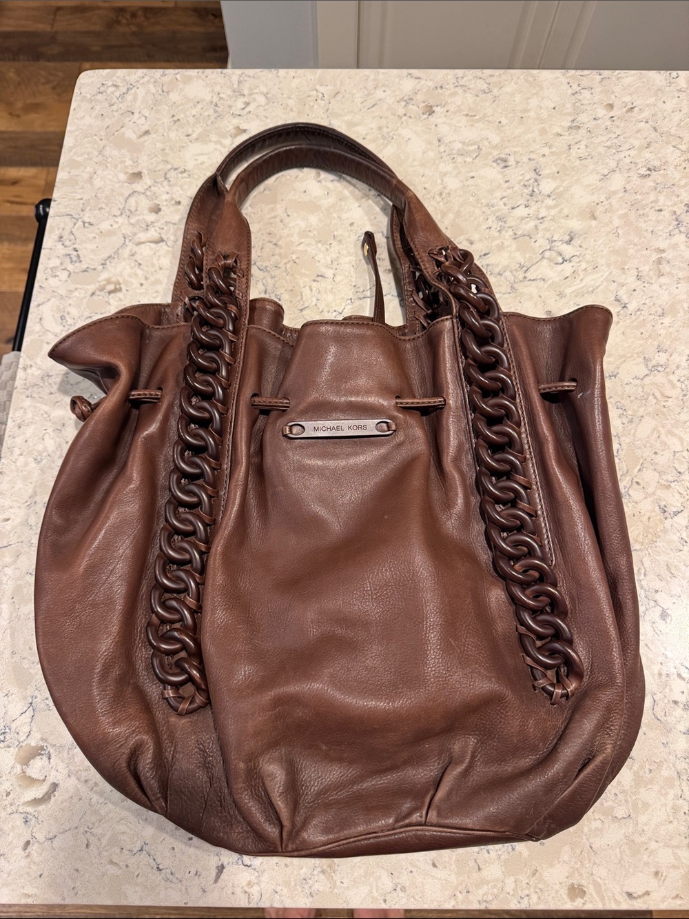 Michael Kors Chocolate Brown Leather Chain-Trim Tote